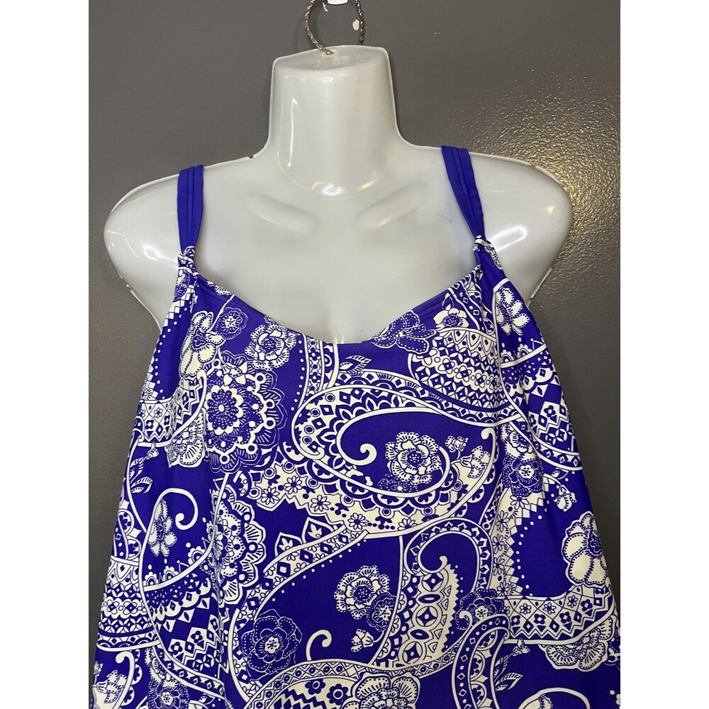 Liz Claiborne Tankini Swim Top Womens 22W Blue Paisley Drawstring Padded Cups